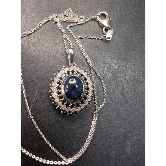 NEW Blue star sapphire and moissanite sterling silver halo pendant necklace - Picture 11 of 14